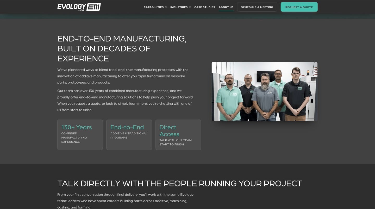 About page highlighting decades of manufacturing experience and the Evology team