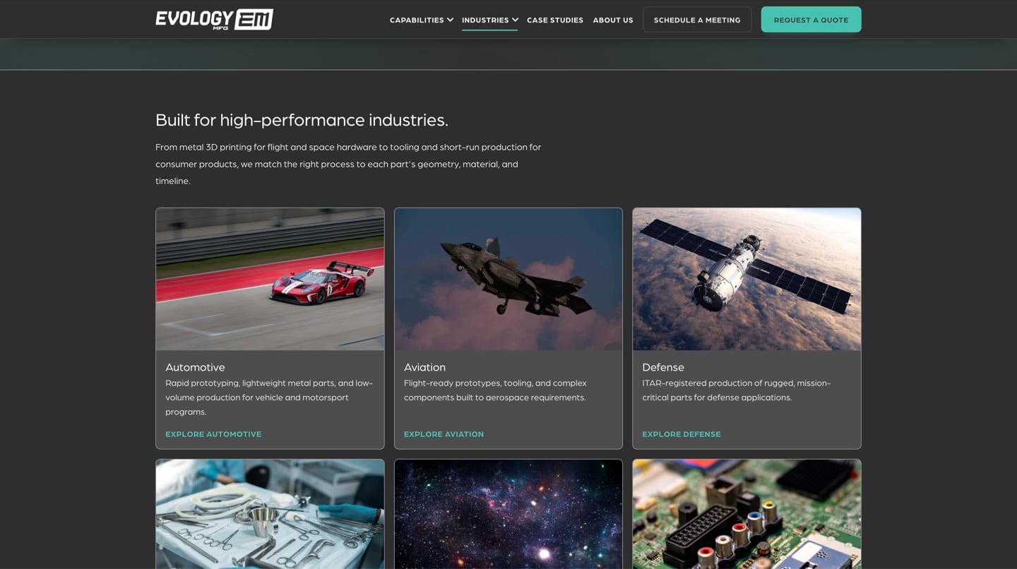 Industries page showing the high-performance industries Evology Manufacturing serves