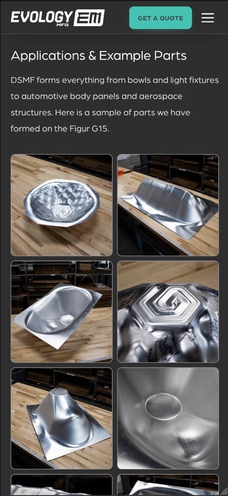 Evology Manufacturing sheet metal forming applications page as it renders on an iPhone