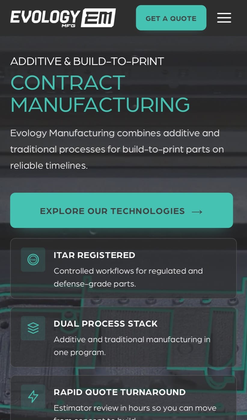 Evology Manufacturing rebuilt homepage as it renders on an iPhone