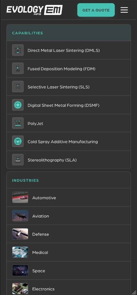 Evology Manufacturing mobile navigation menu as it renders on an iPhone