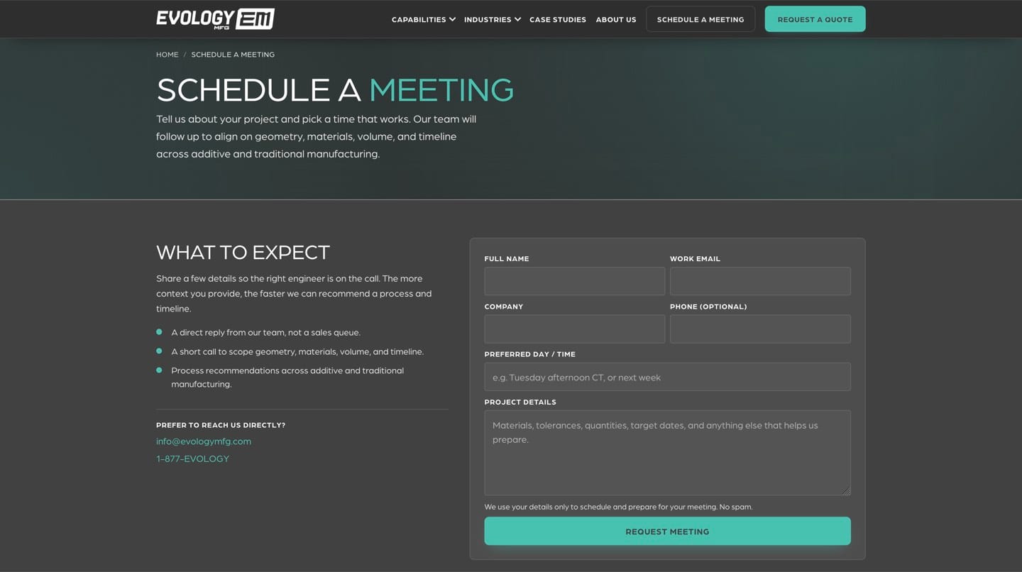 Schedule a meeting page with a project intake form on the rebuilt site