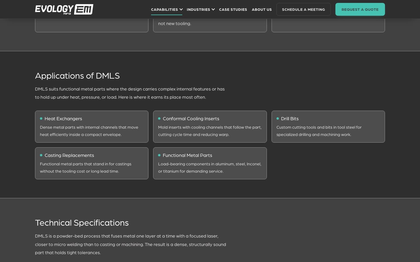 DMLS capability page showing applications and technical specifications