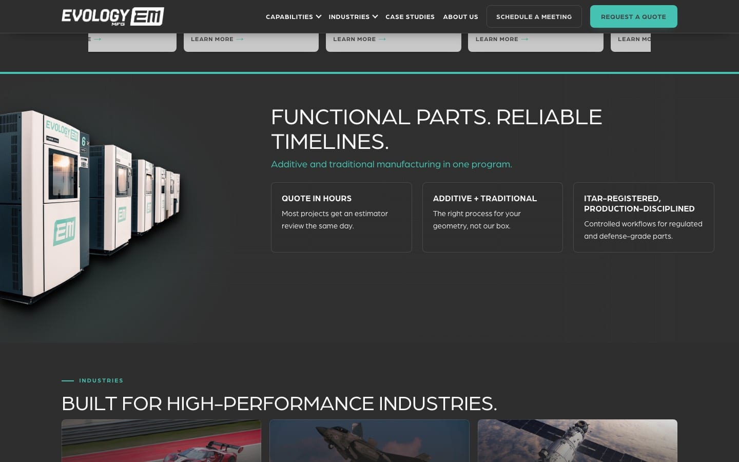 Homepage section explaining additive and traditional manufacturing with feature cards