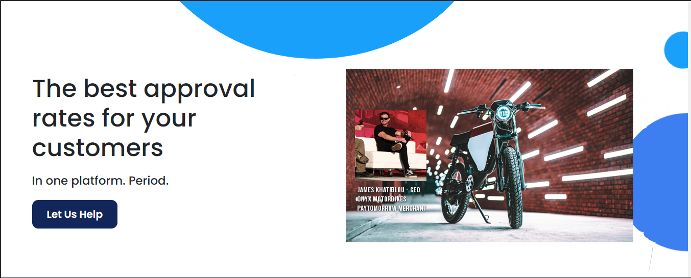 Revised Paytomorrow homepage showcasing real vendor partners and approval rates