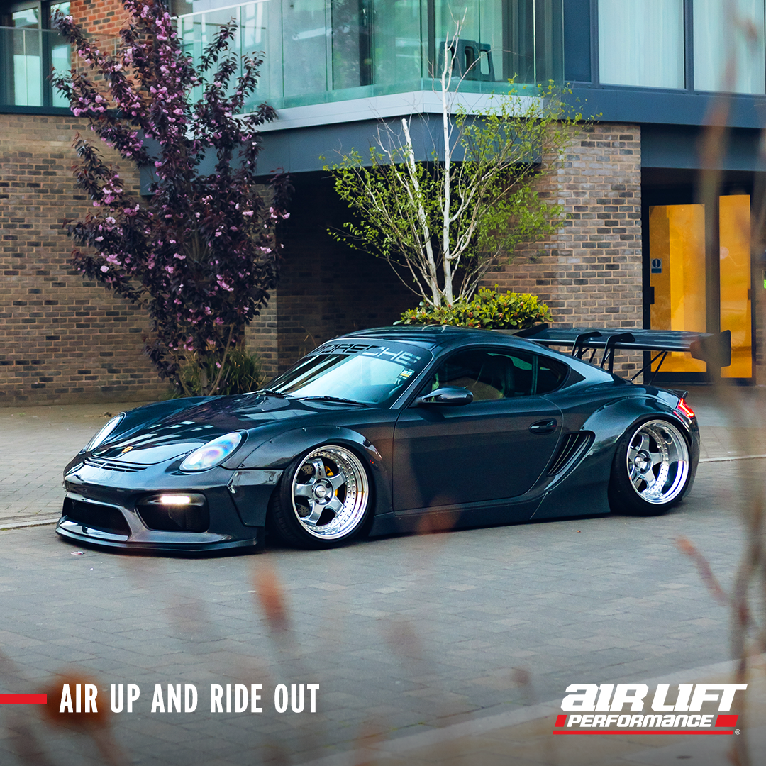 Air Lift Performance carousel ad: air up and ride out, widebody Porsche Cayman on air