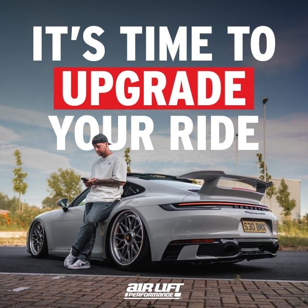 Air Lift Performance square campaign creative: it's time to upgrade your ride, air-suspended Porsche 911