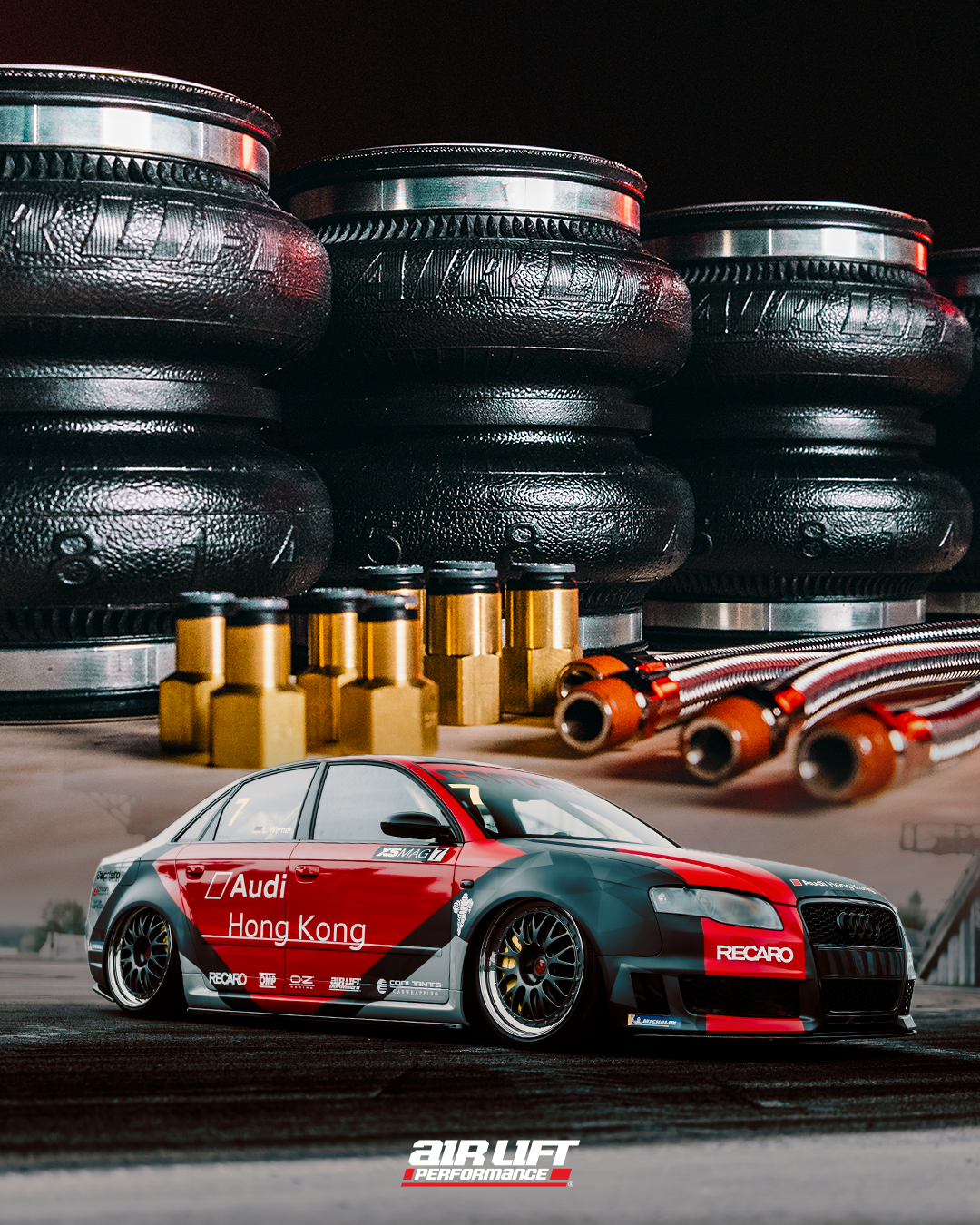 Air Lift Performance composite ad: a liveried Audi sedan beneath floating air springs and fittings