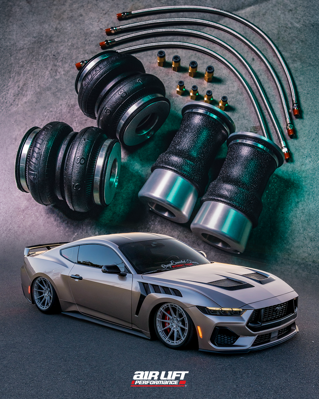 Air Lift Performance composite ad: a slammed Mustang beneath floating air springs and air lines