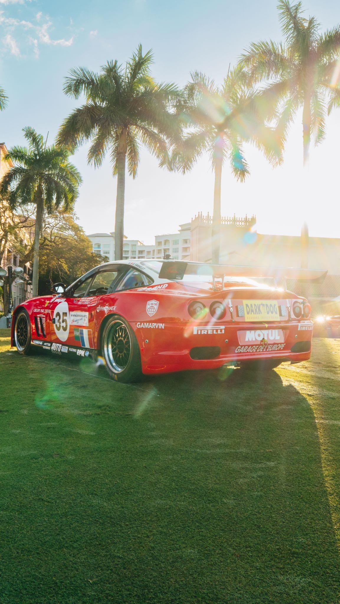 Vintage GT race car parked under palm trees at golden hour at a concours event